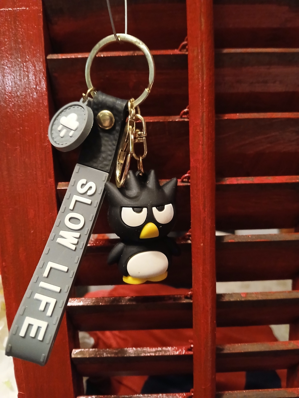 Badtz-Maru Black Penguin Keychain with 'SLOW LIFE' Strap